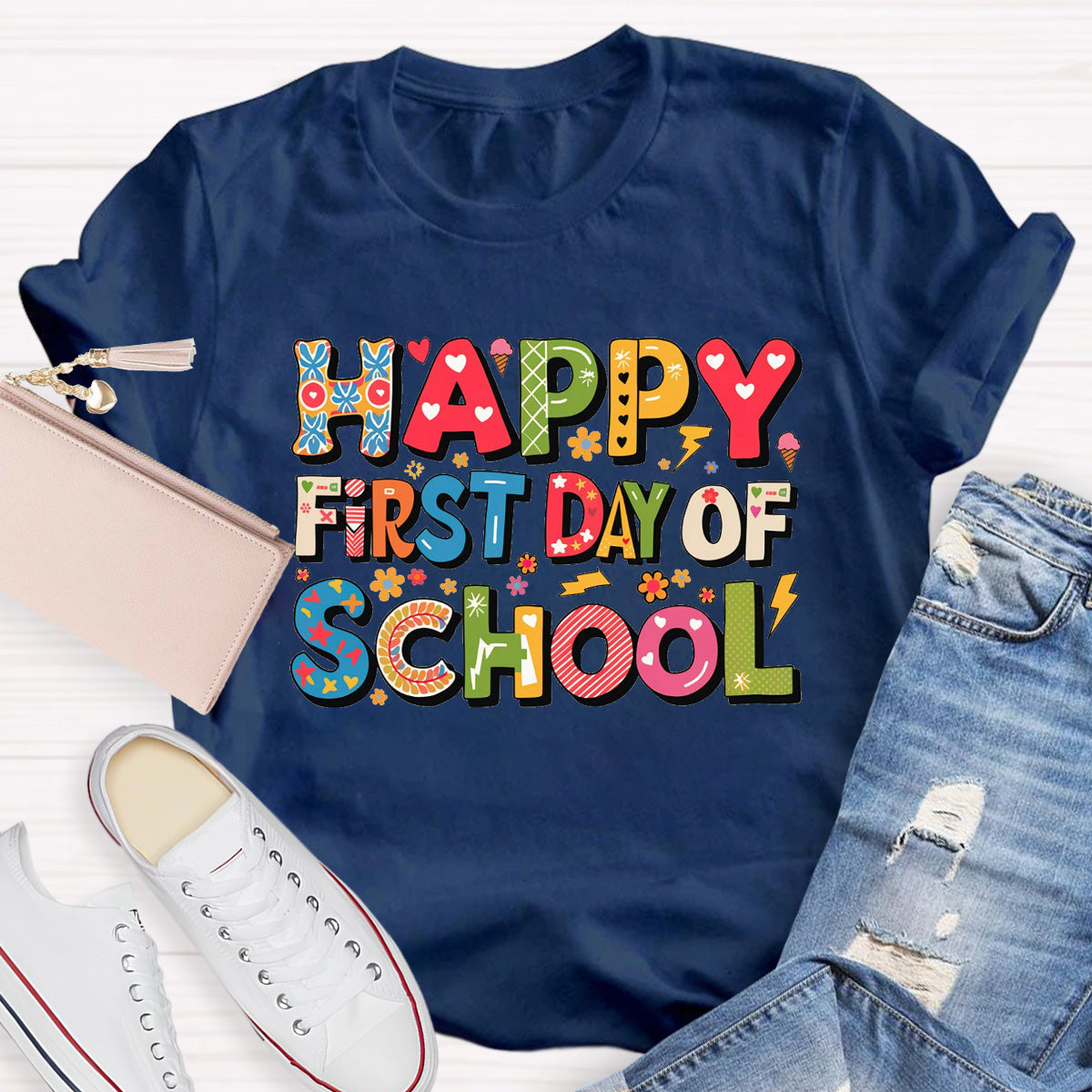 Happy First Day Of School Heart Printed Teacher T-Shirt