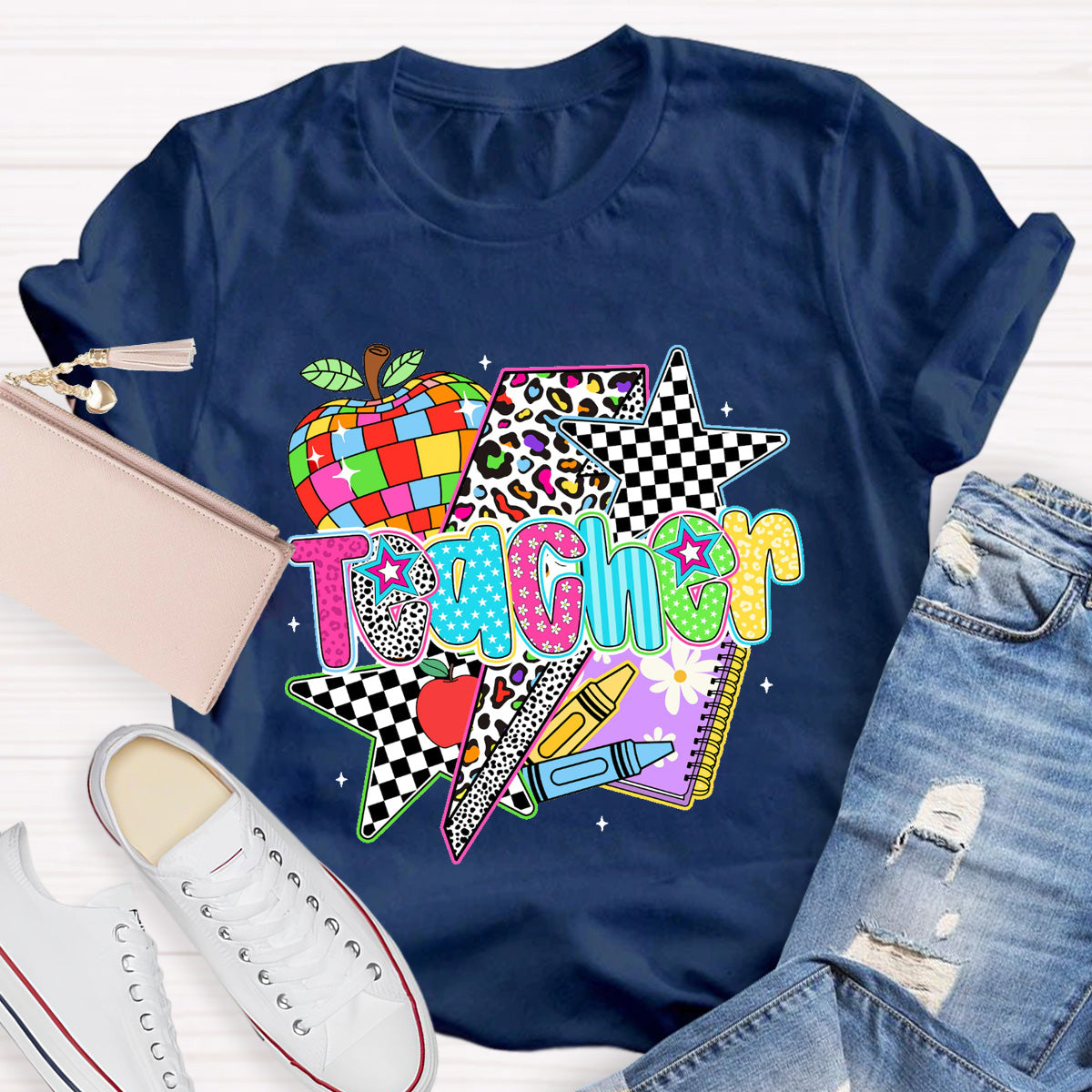 Colorful Leopard Apple Teacher Back To School T-Shirt