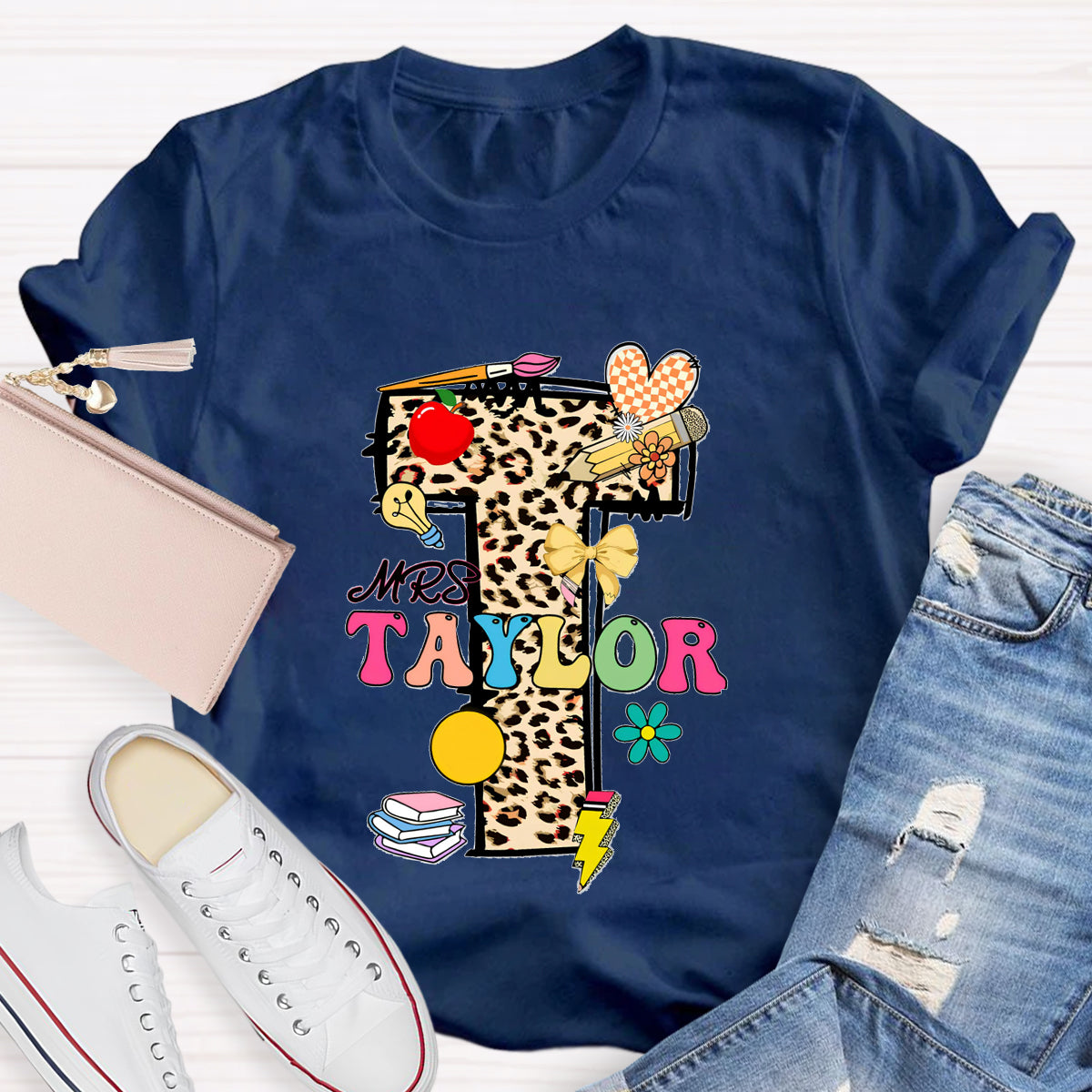 Personalized Name Leopard print Letter Teacher T-Shirt
