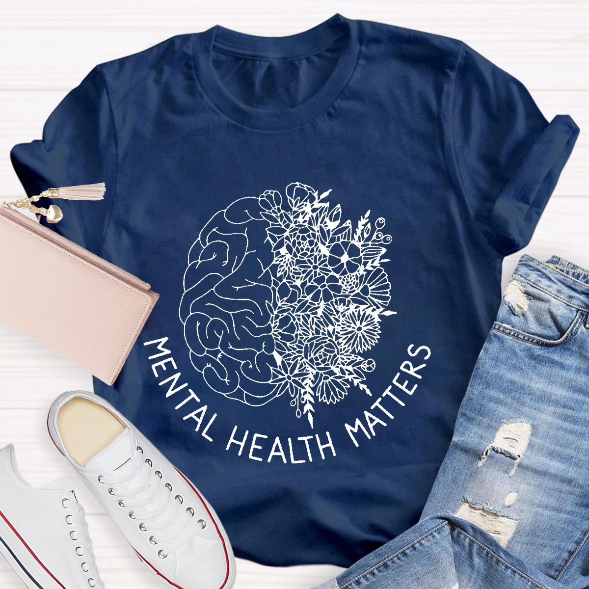Floral Brain Mental Health Matters Teacher T-Shirt