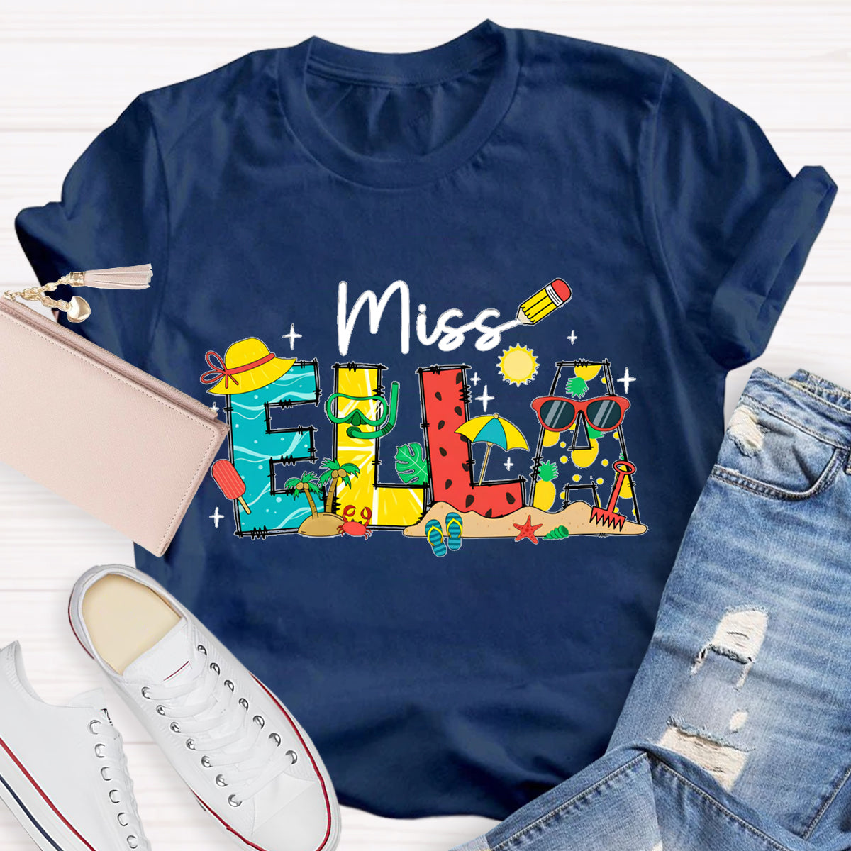 Personalized Name Summer Break Beach Teacher T-Shirt