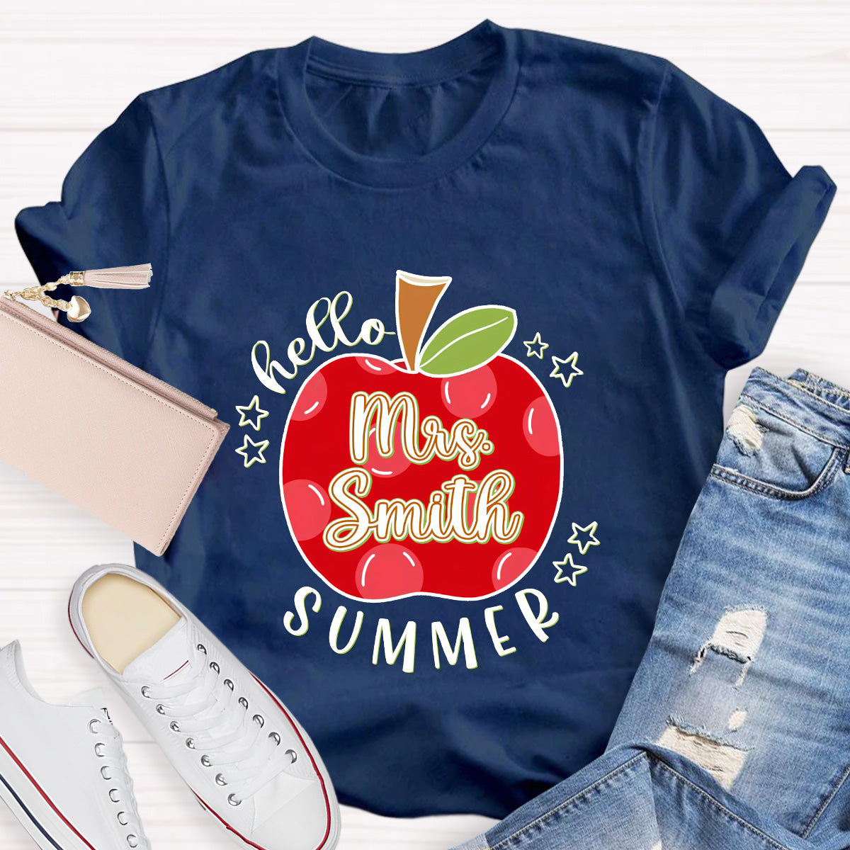 Personalized Name Apple Hello Summer Teacher T-Shirt