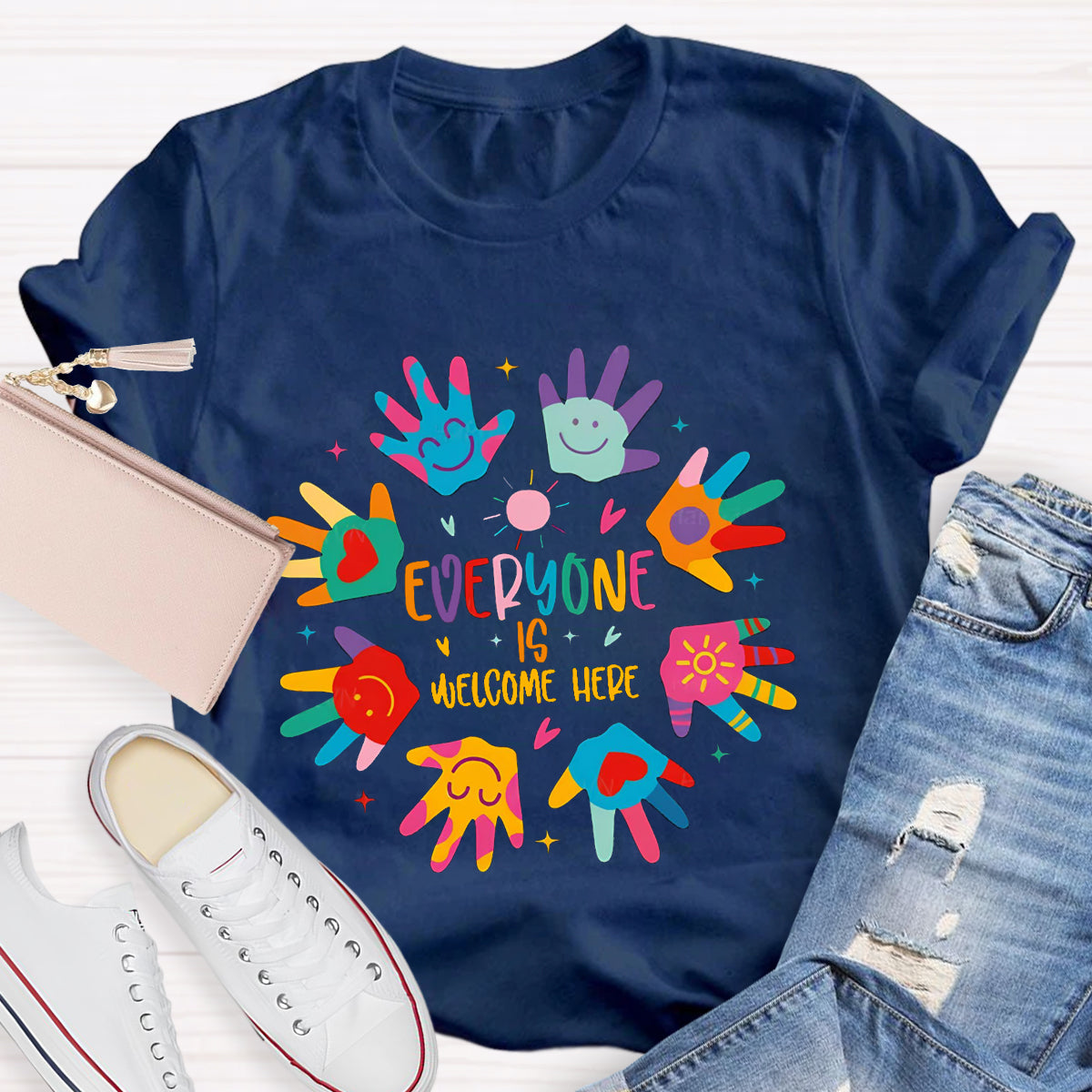 Everyone Is Welcome Here Colorful Hands Teacher T-Shirt