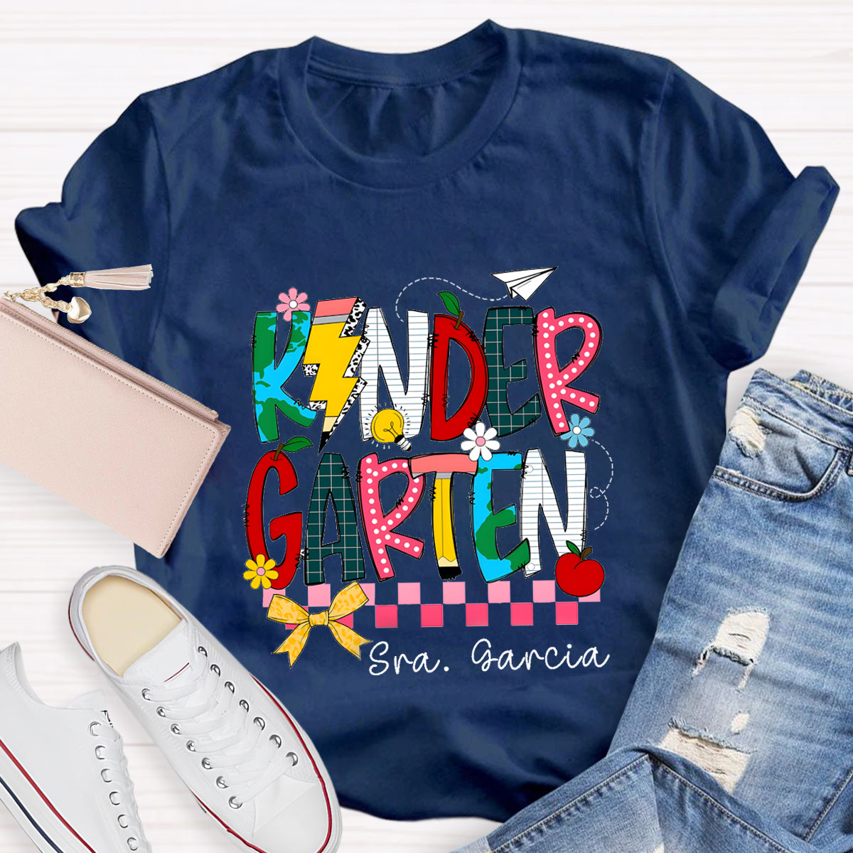 Personalized Grade And Name Apple Pencil light Teacher T-Shirt
