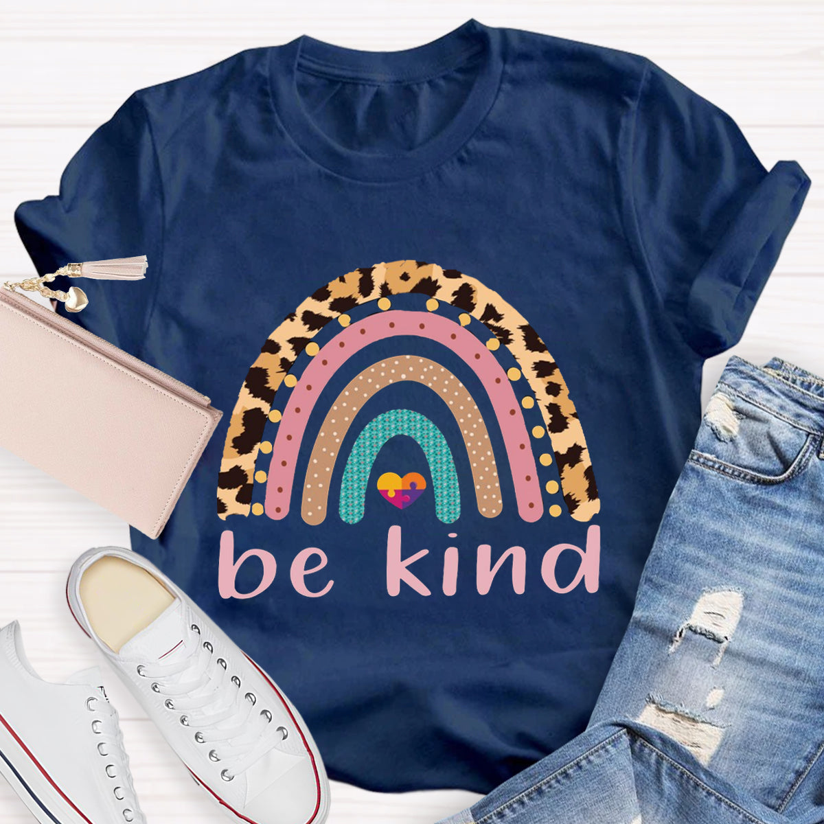 Be Kind Leopard Rainbow Colorful Heart T-Shirt