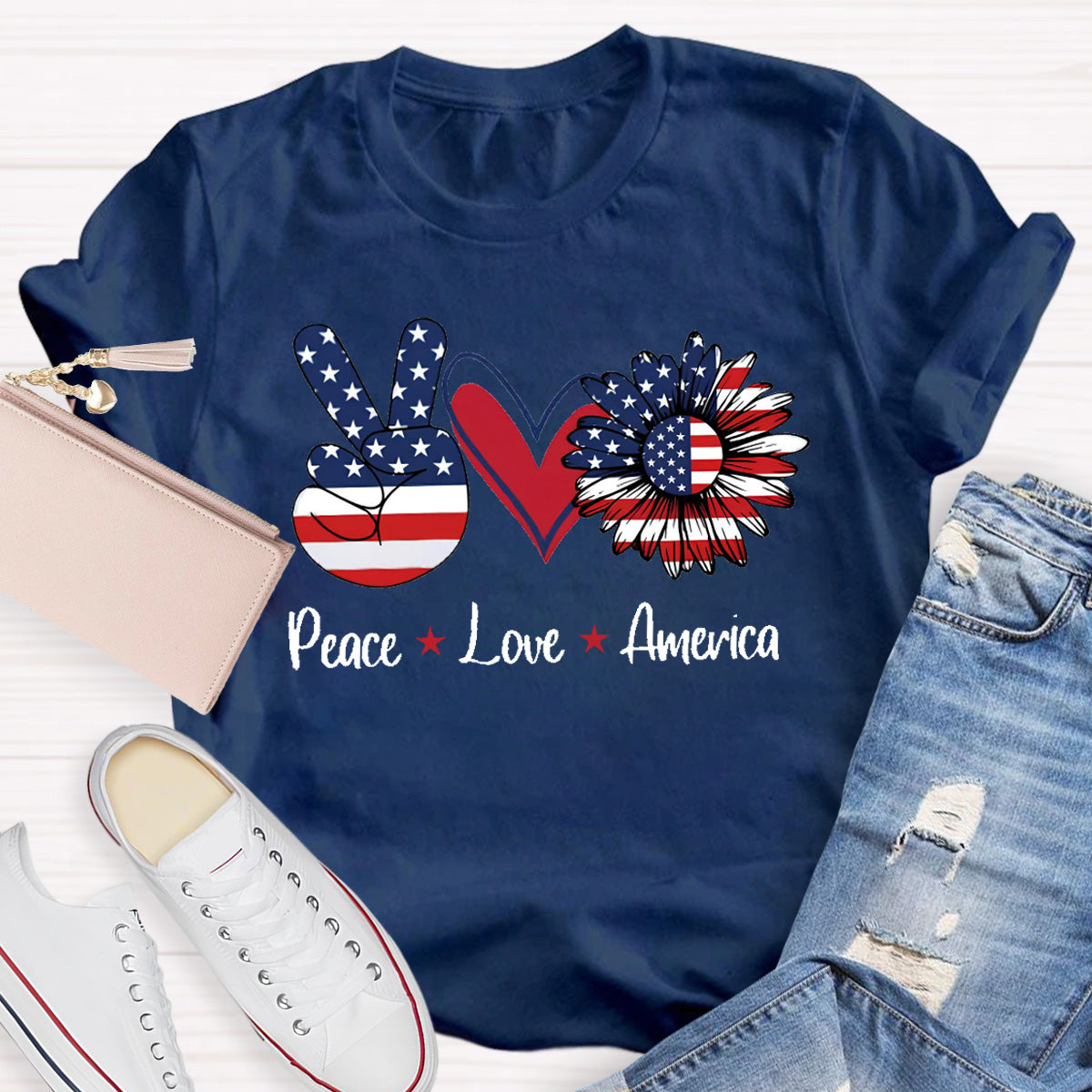 Peace Love America Star Teacher T-Shirt
