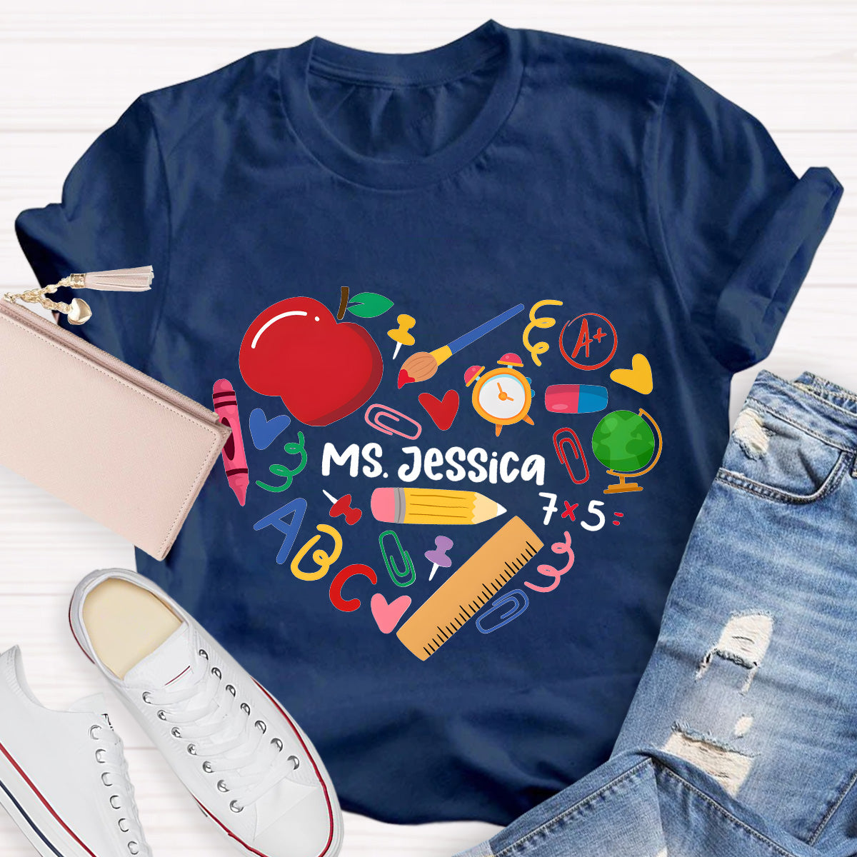 Personalized Name Apple And Heart Teacher T-Shirt
