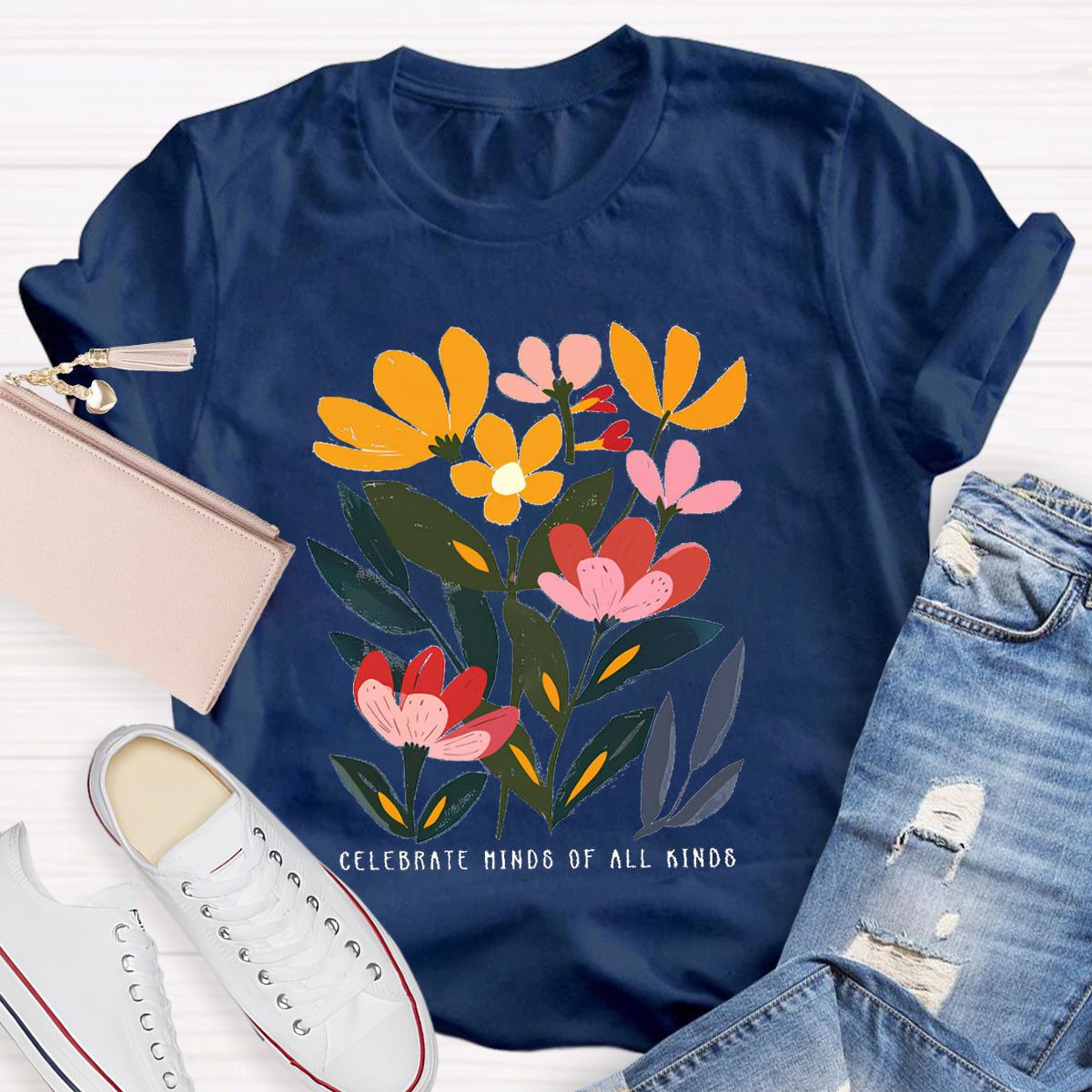 Art Flower Celebrate Minds of All Kinds Teacher T-Shirt