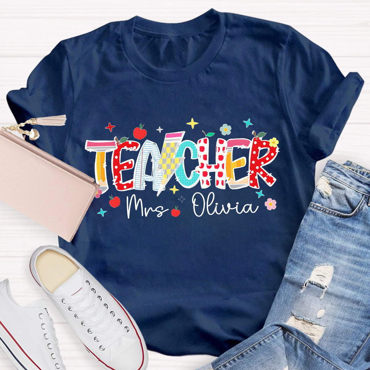 Personalized Name Star And Flower Teacher T-Shirt