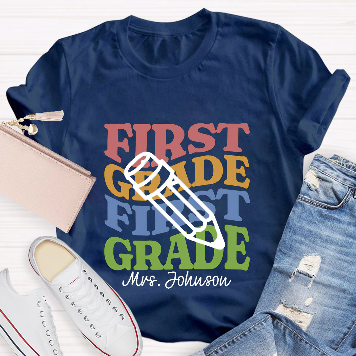 Personalized Teacher Grade And Name Pencil Back To School T-Shirt