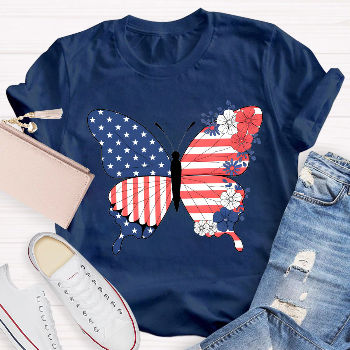 American Flag Butterfly Teacher T-Shirt