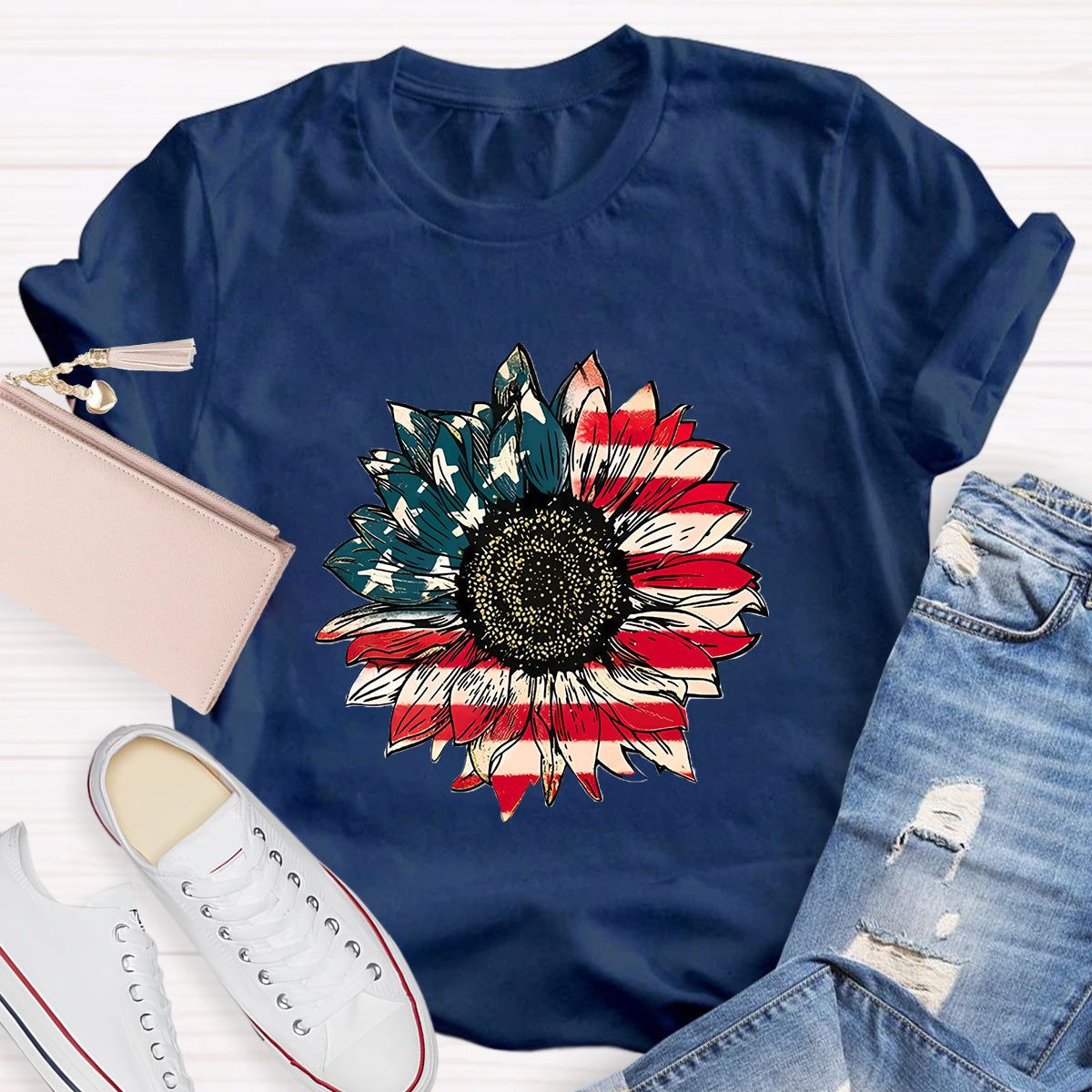 US Flag Flower Teacher T-Shirt