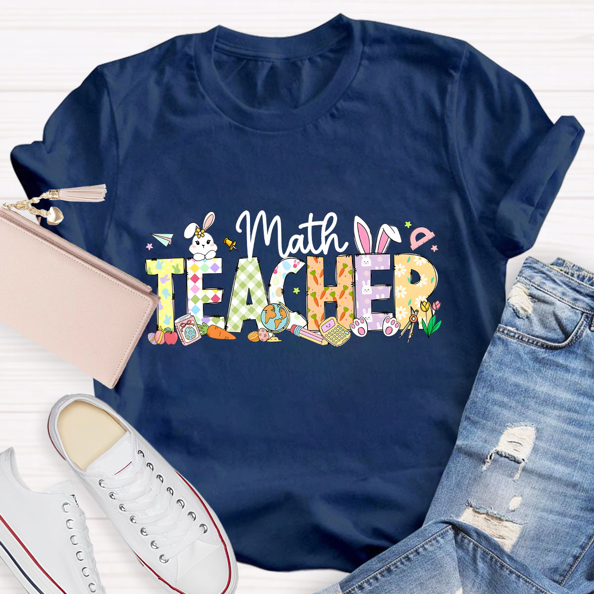 Happy Easter Math Teacher Pink Rabbits Teacher T-Shirt