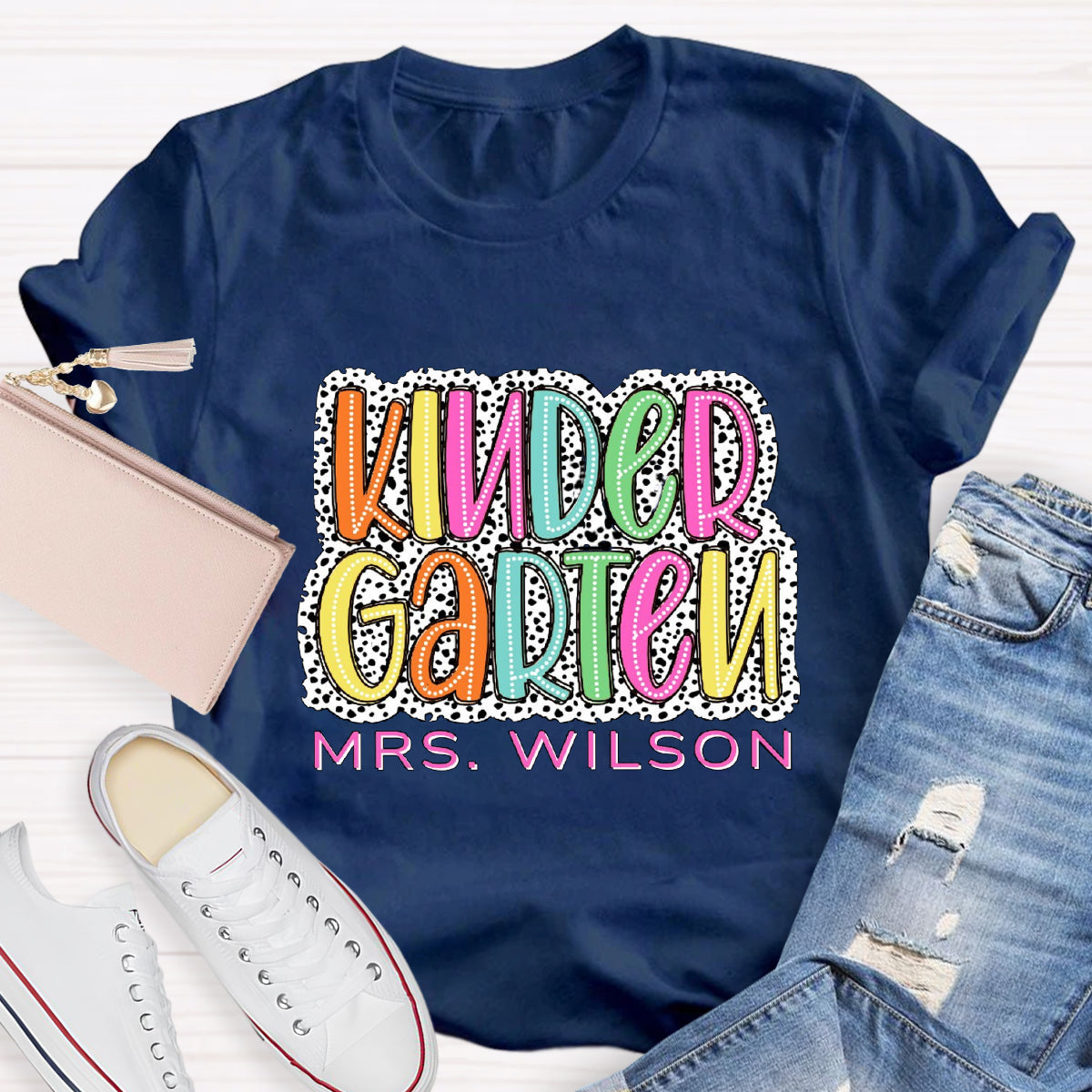 Personalized Name And Grade Neon Lights And Polka Dots Teacher T-Shirt