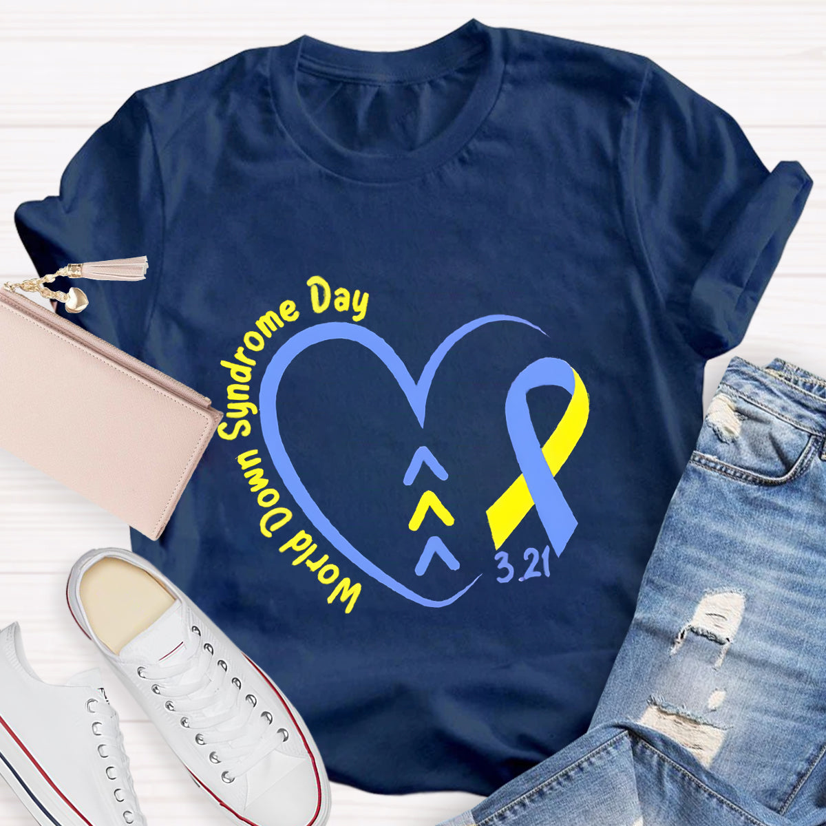 Down Syndrome Day Blue Heart Teacher T-Shirt