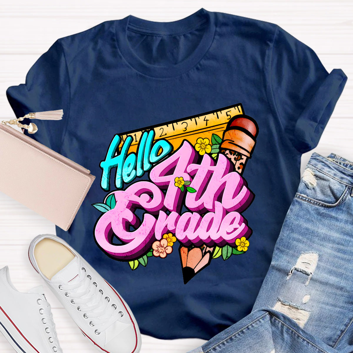 Personalized Grade Hello 4th Grade Back To School Teacher T-Shirt