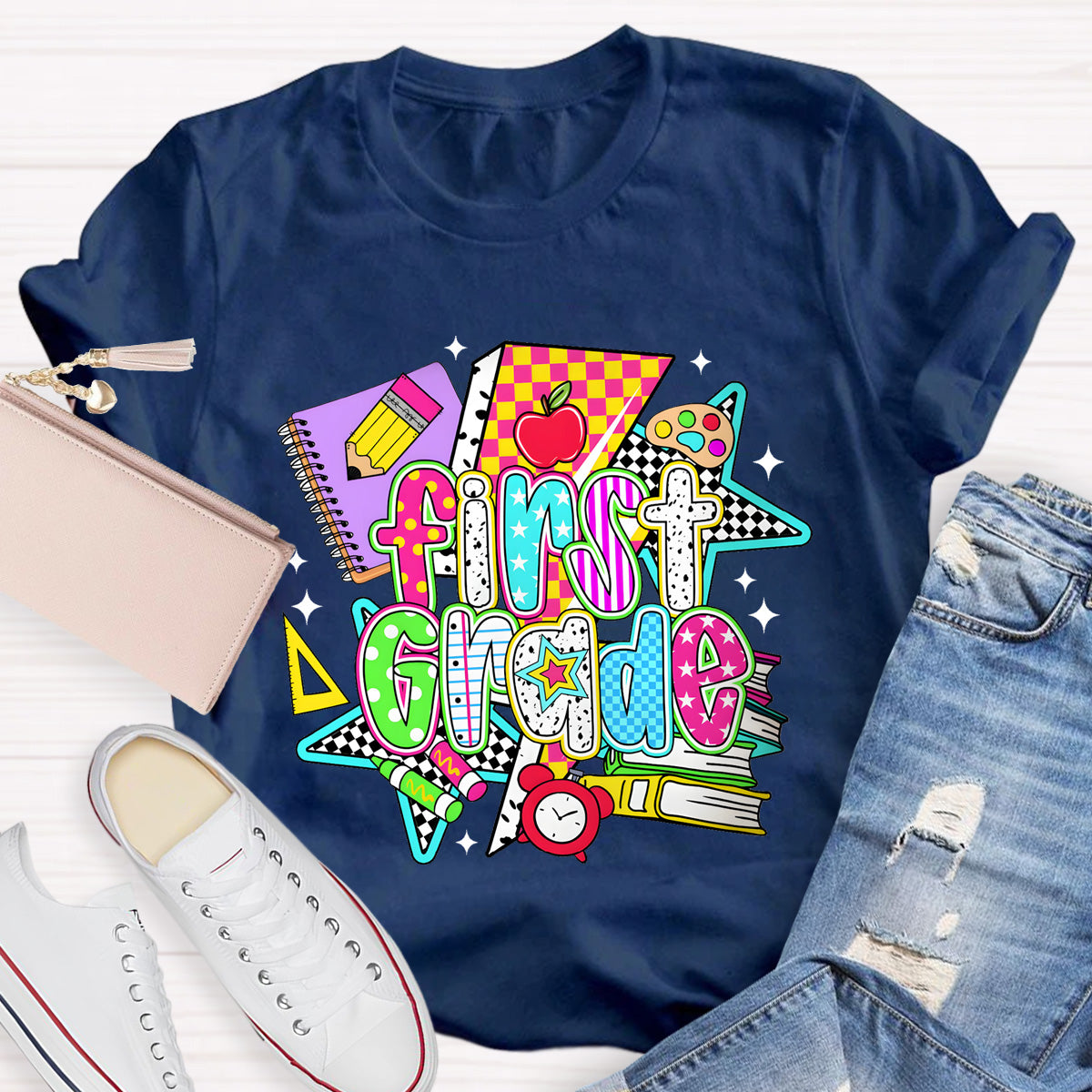 Personalized Grade First Grade Teacher Books Pencil T-Shirt