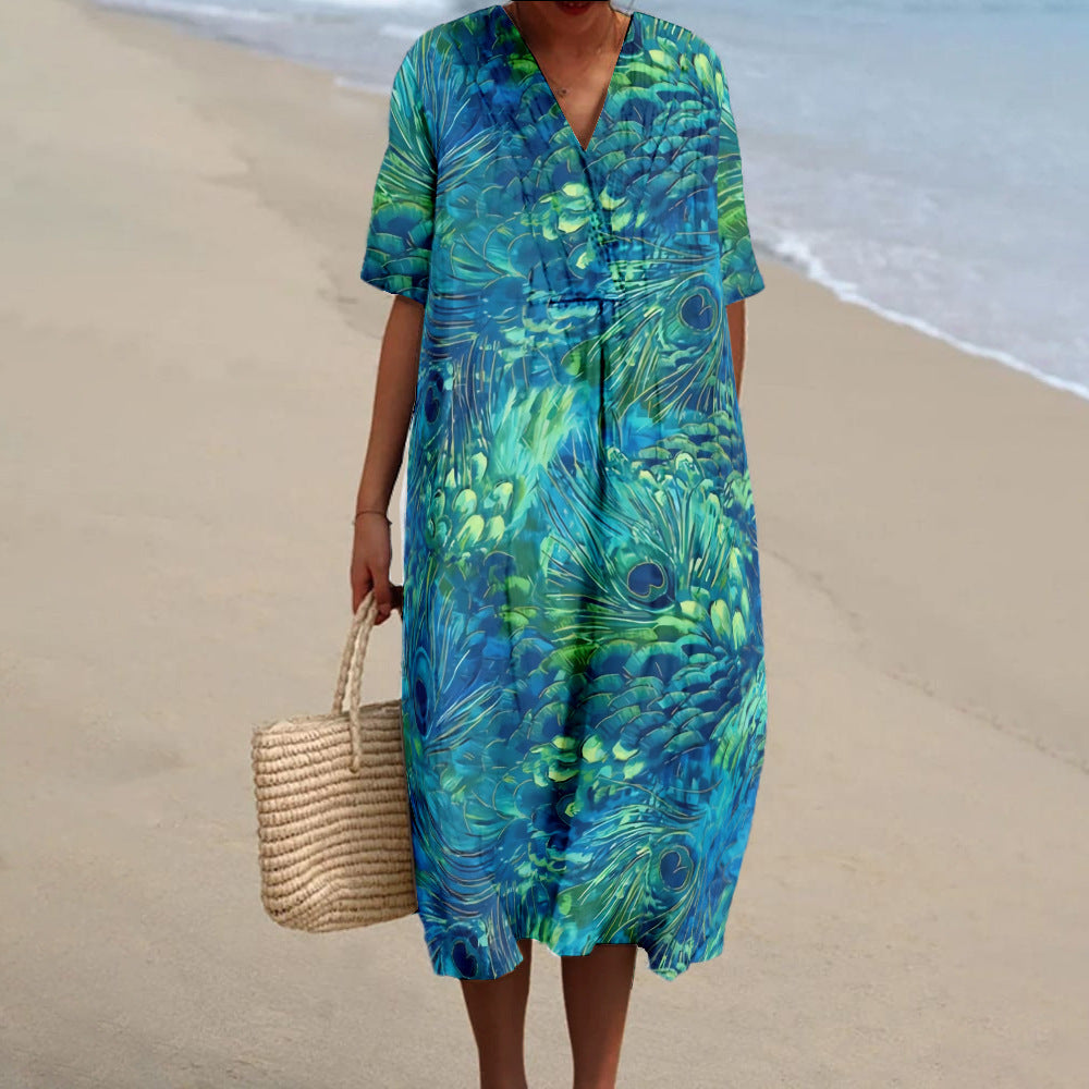 Peacock Feather Printed Teacher V-neck Resort Dress