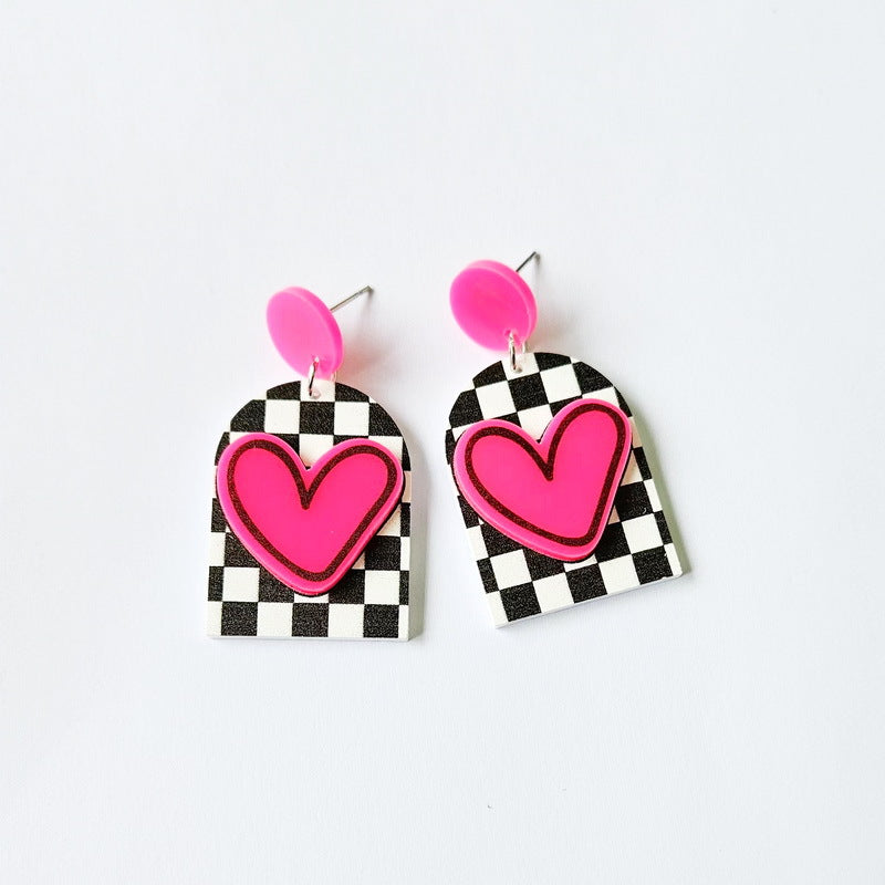 Houndstooth Black And White Striped Pink Heart Earrings
