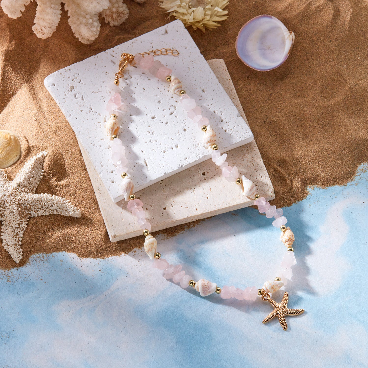Bohemian-Style Starfish Jewelry Summer Beach-Themed Crushed Stone Starfish And Conch Necklace