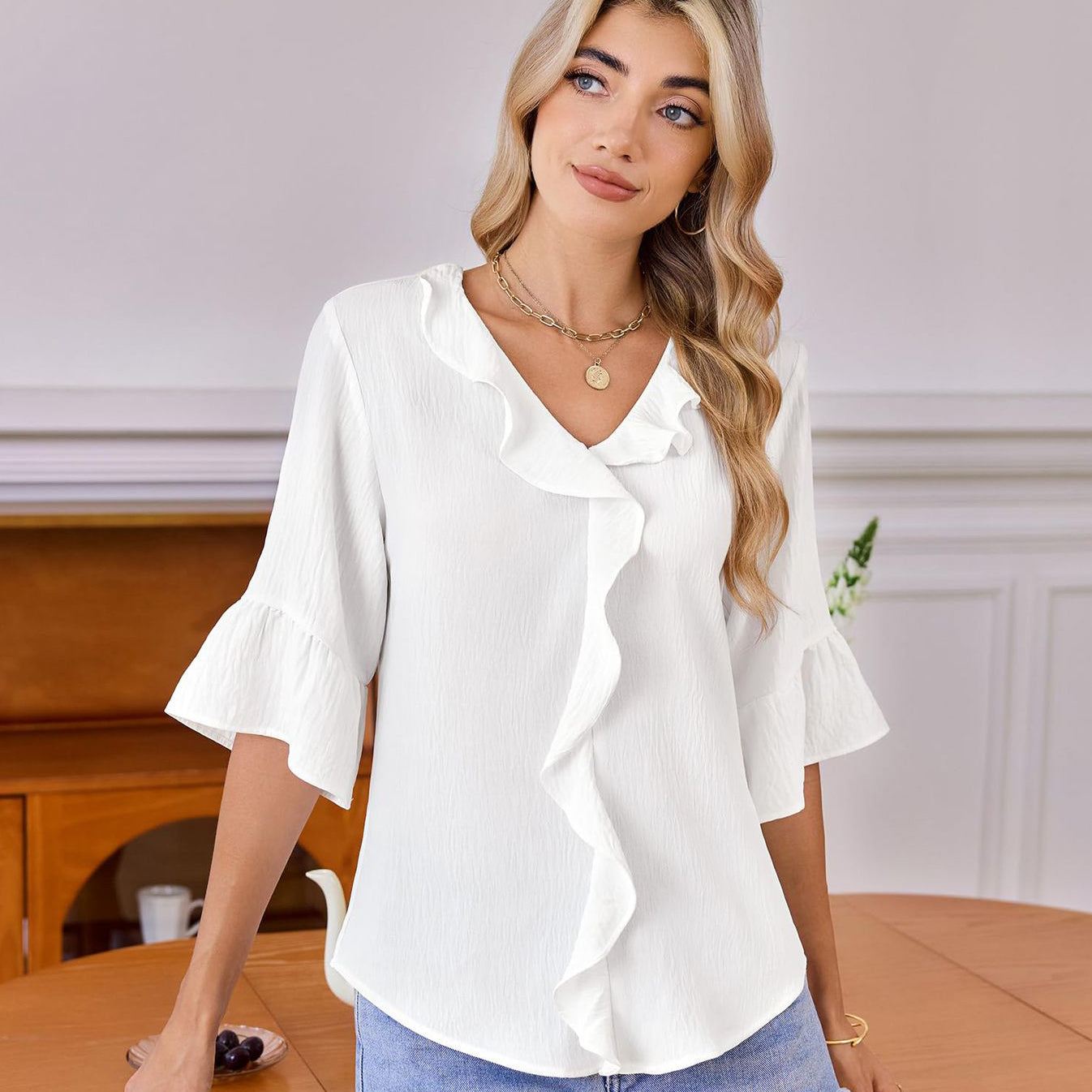 V-Neck Ruffled Three-Quarter Sleeves Lace Short-Sleeved Shirt