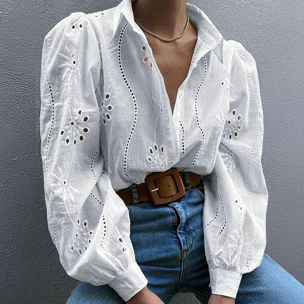 Fashionable Openwork Puff Sleeve Cardigan Shirt