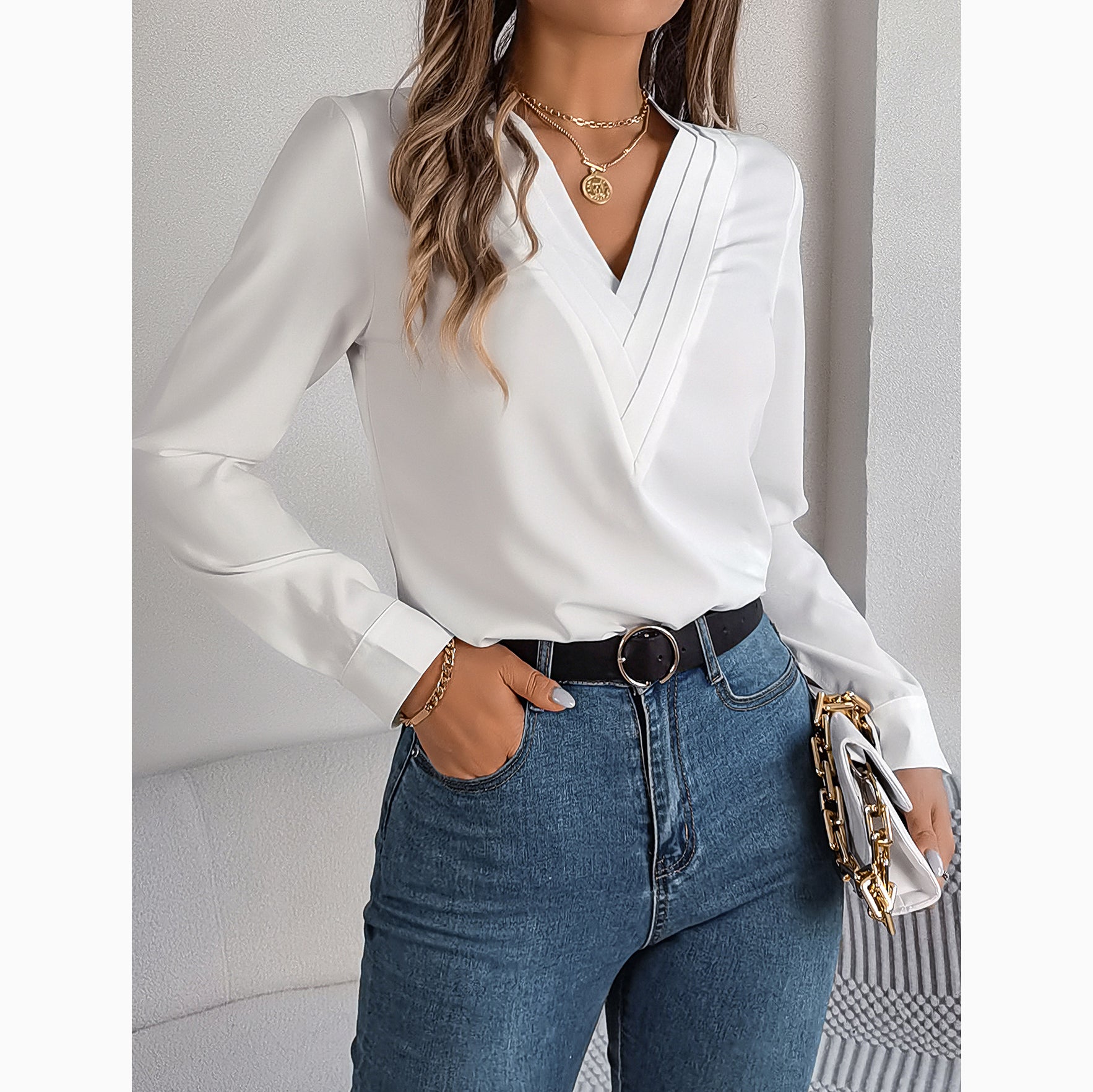 Layered V-Neck Long-Sleeved Shirt