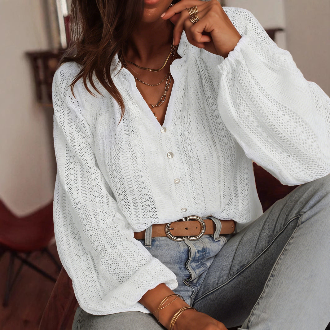Hollow-Out Lace V-Neck Single-Breasted Long-Sleeved Shirt