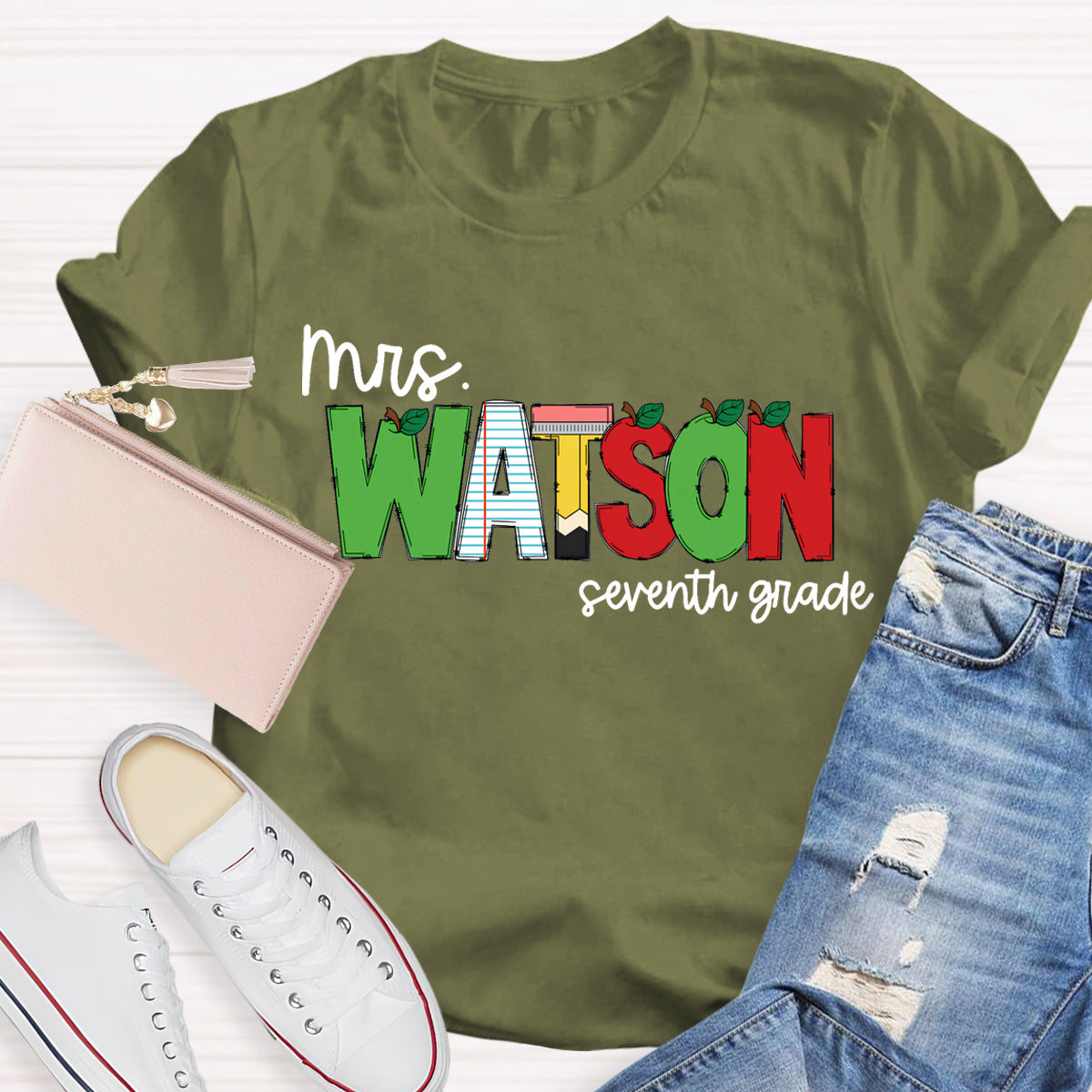 Personalized Name And Grade Green Red Color Block Teacher T-Shirt