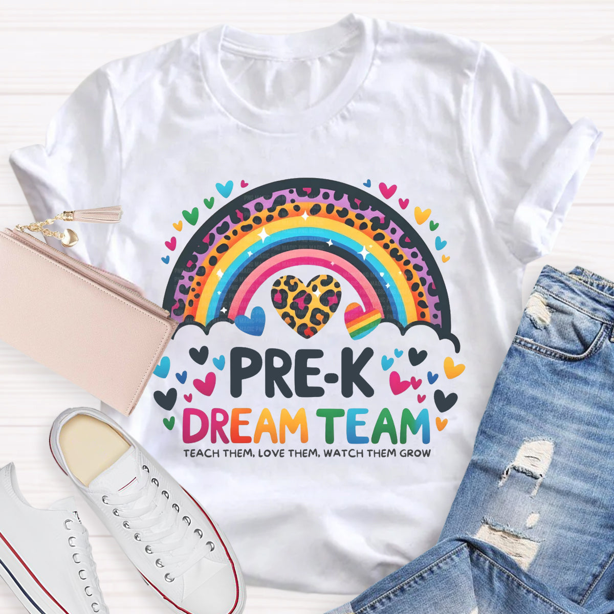 Personalized Grade Pre-K Dream Team Leopard Rainbow Teacher T-Shirt