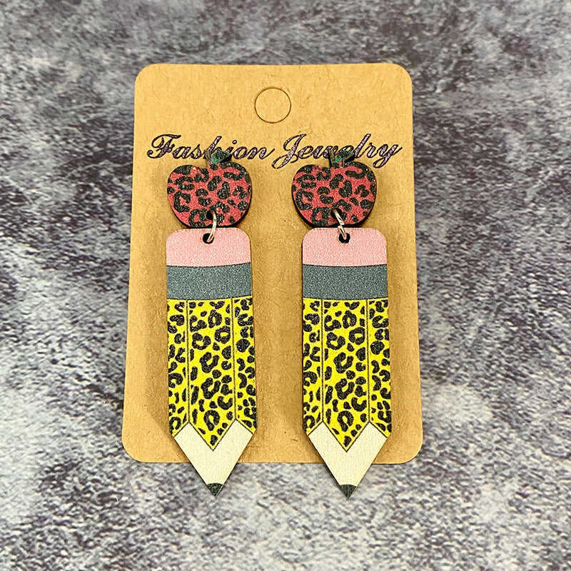 Leopard Print Pencil And Apple Patchwork Earrings