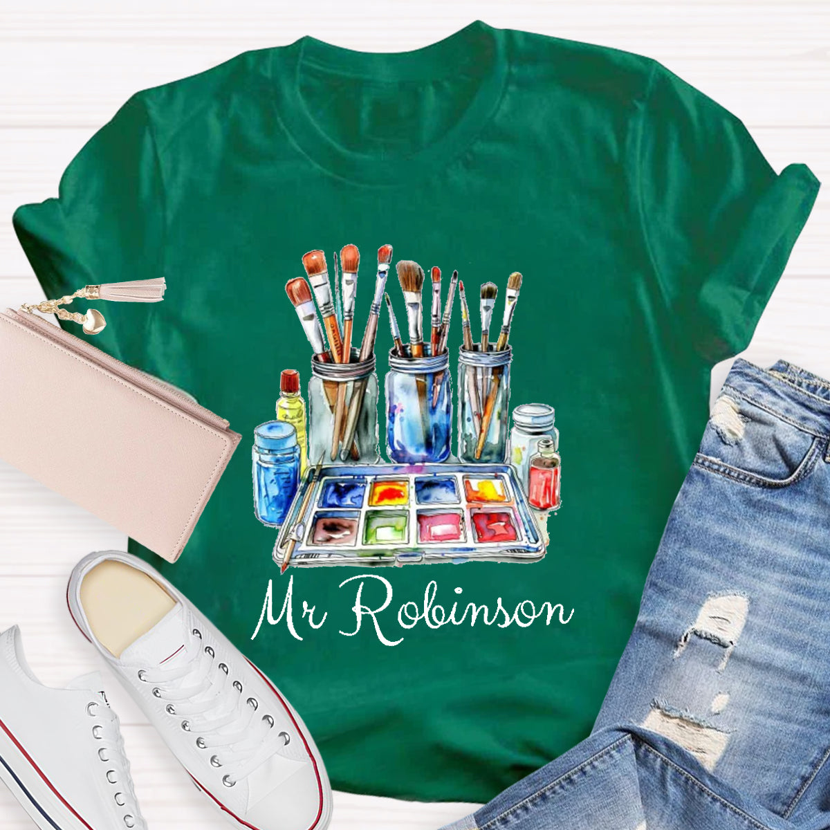 Personalized Name Painter Brush Art Teacher T-Shirt