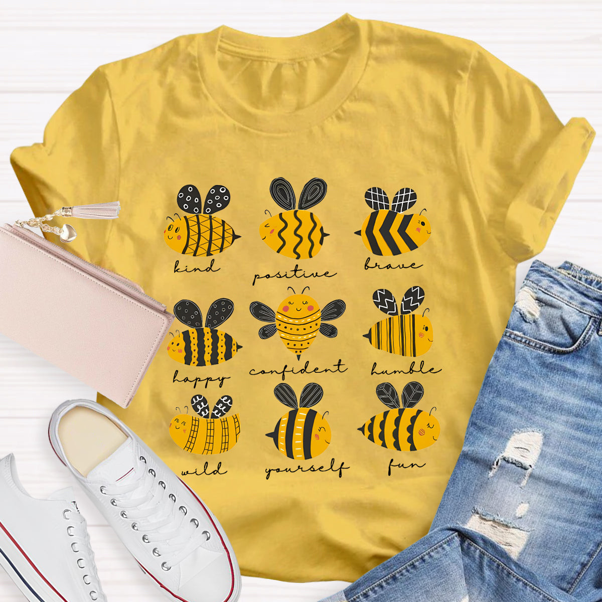 Bee Kind Positive Brave Happy Confident Humble Teacher T-Shirt