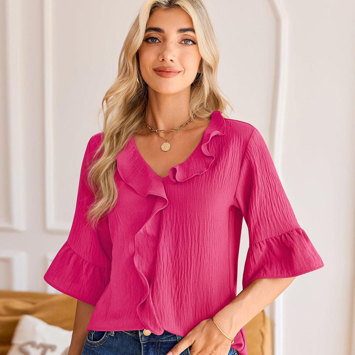 V-Neck Ruffled Three-Quarter Sleeves Lace Short-Sleeved Shirt