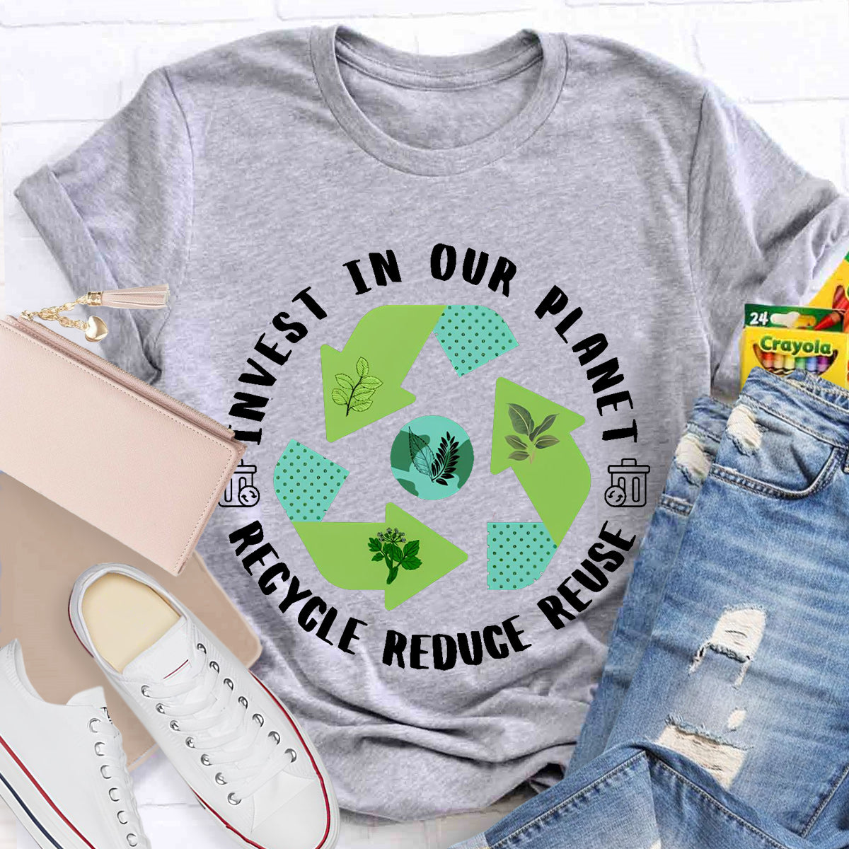 Invest In Our Planet Recycle Reduce Reuse Earth Day T-Shirt