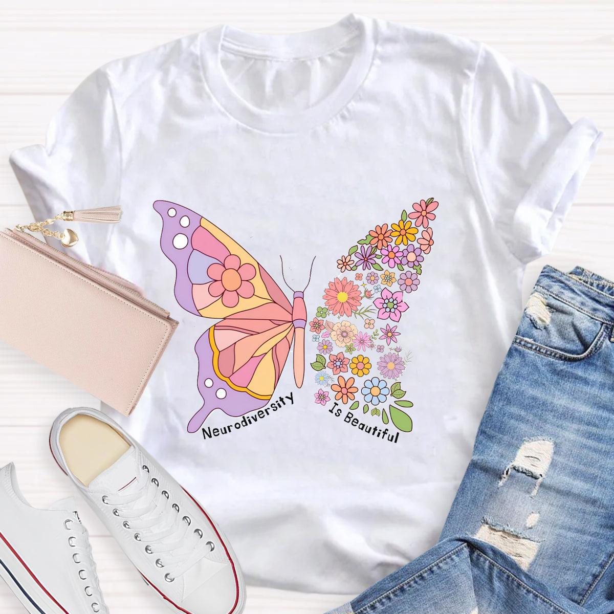 Neurodiversity Is Beautiful Floral Butterfly Teacher T-Shirt