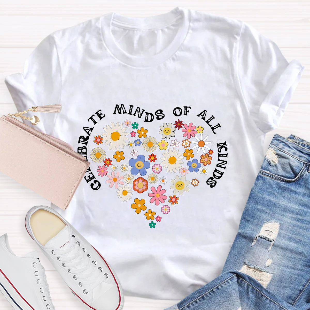 Celebrate Minds of All Kinds Floral Heart T-Shirt