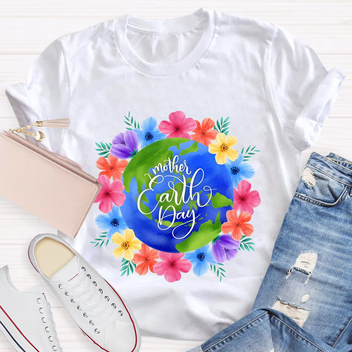 Blue Earth Day Floral Teacher T-Shirt