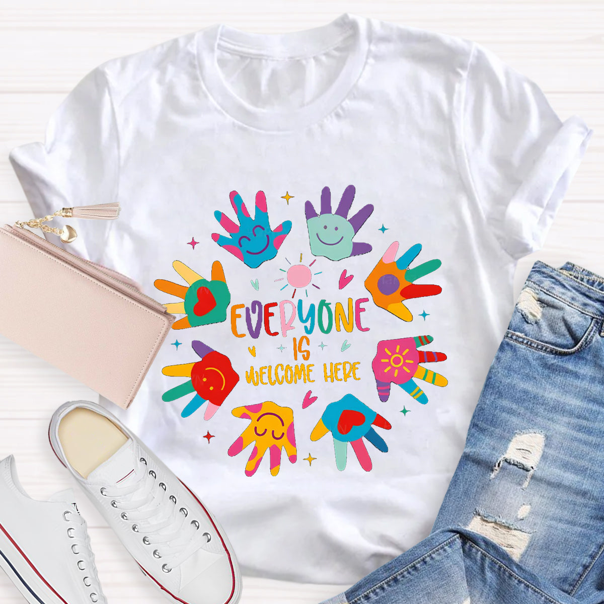 Everyone Is Welcome Here Colorful Hands Teacher T-Shirt