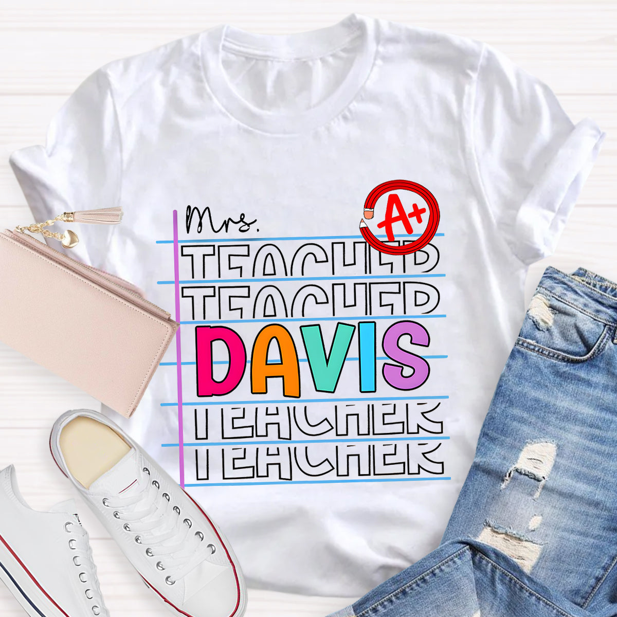 Personalized Name Colorful Letters Teacher T-Shirt