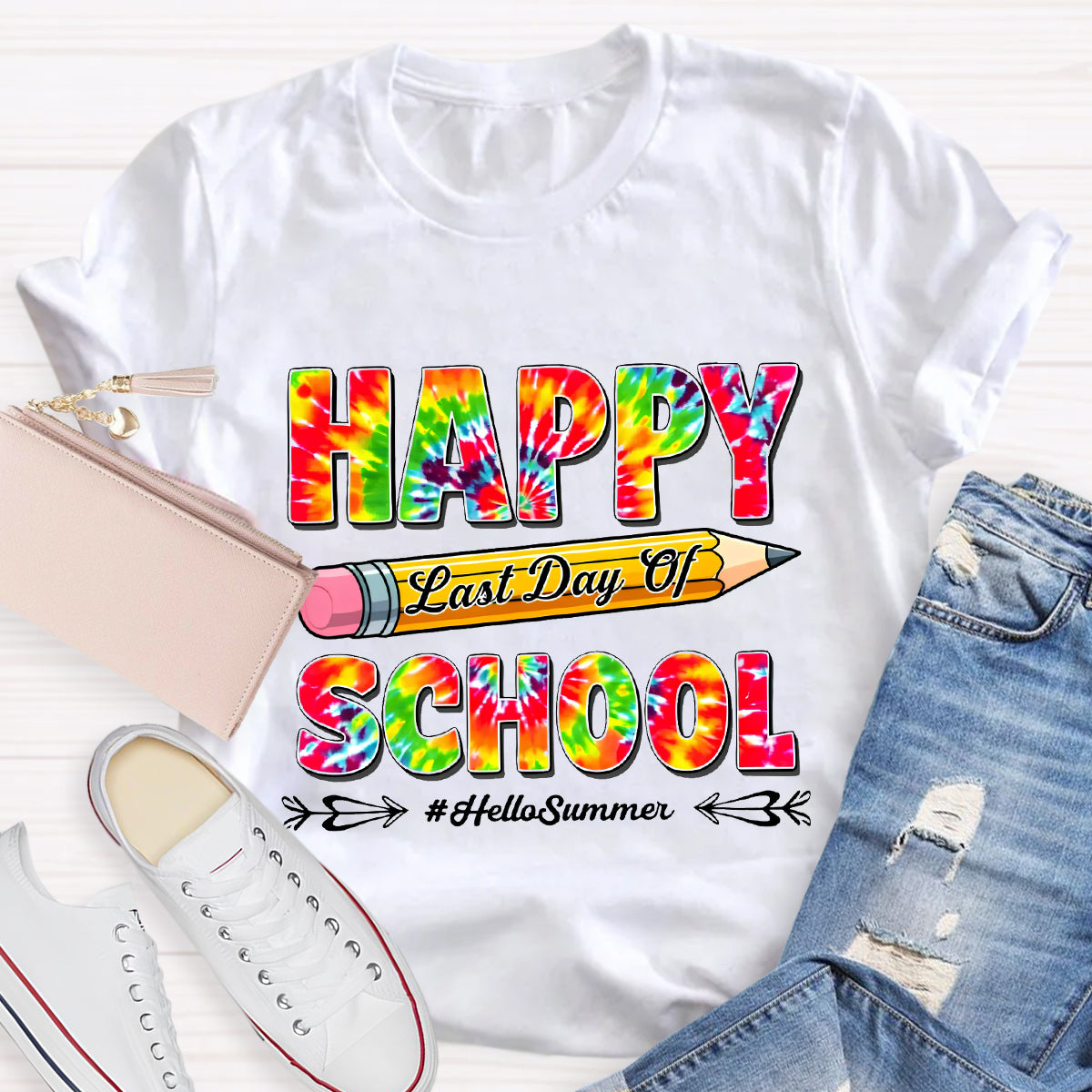 Happy Last Day Of School Hello Summer Colorful Pencil Teacher T-Shirt
