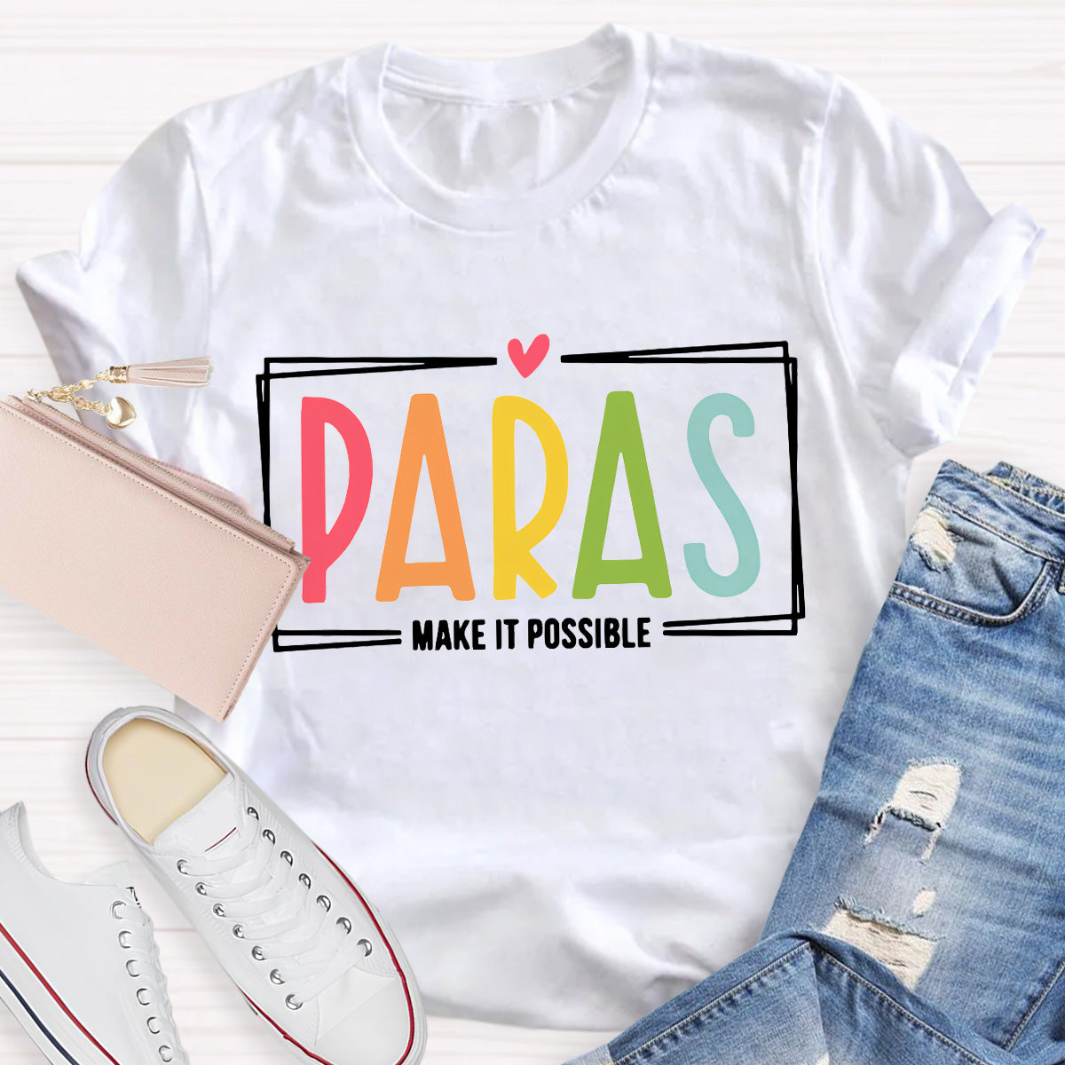 Make It Possible Pink Heart Teacher T-Shirt