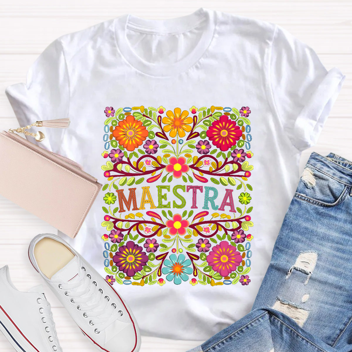 Vintage Floral Maestra Bilingual Teacher T-Shirt