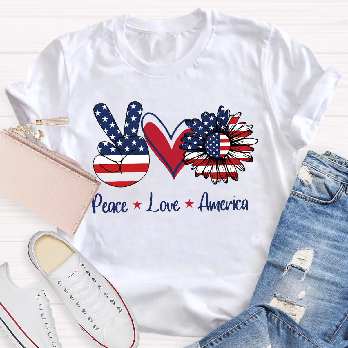 Peace Love America Star Teacher T-Shirt