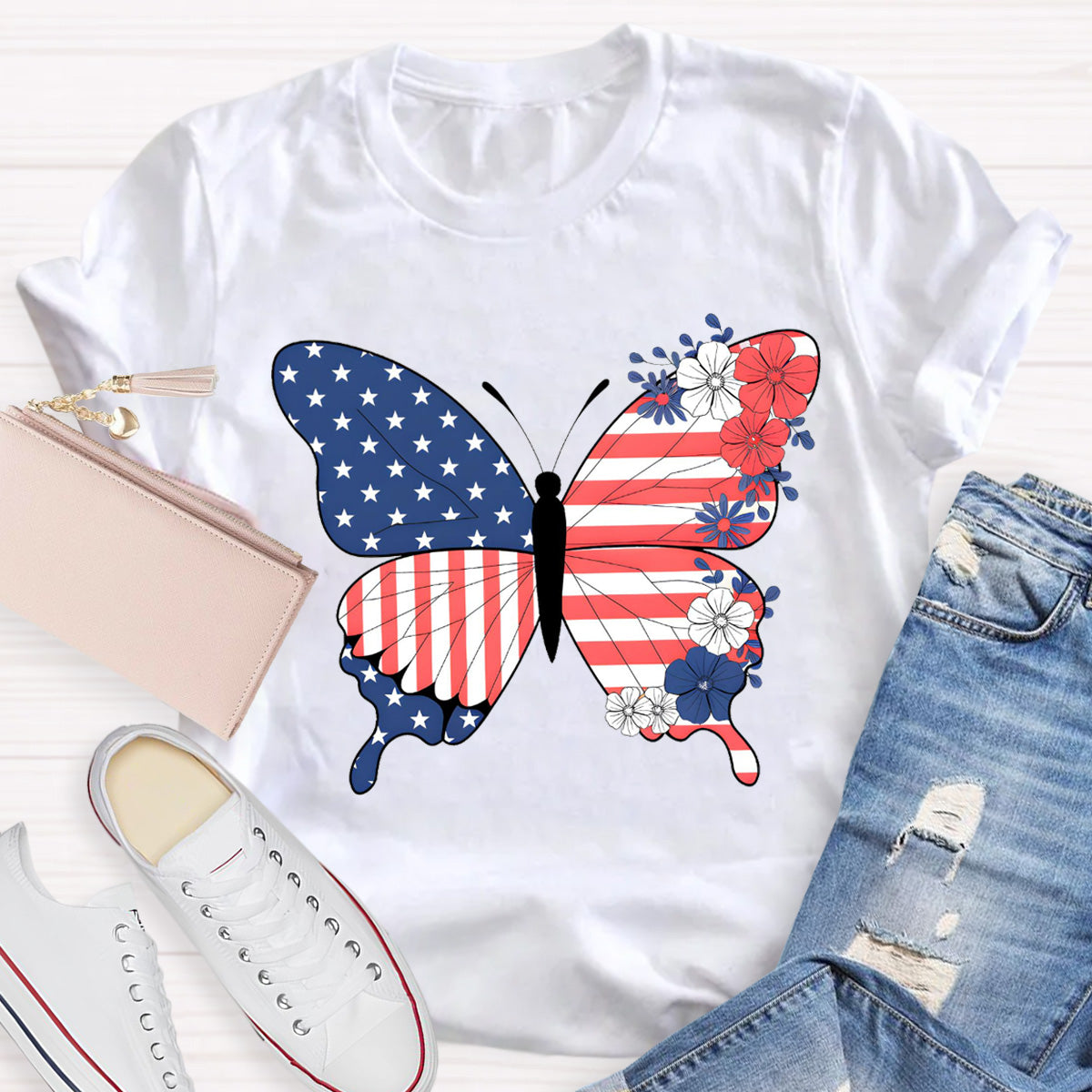 American Flag Butterfly Teacher T-Shirt