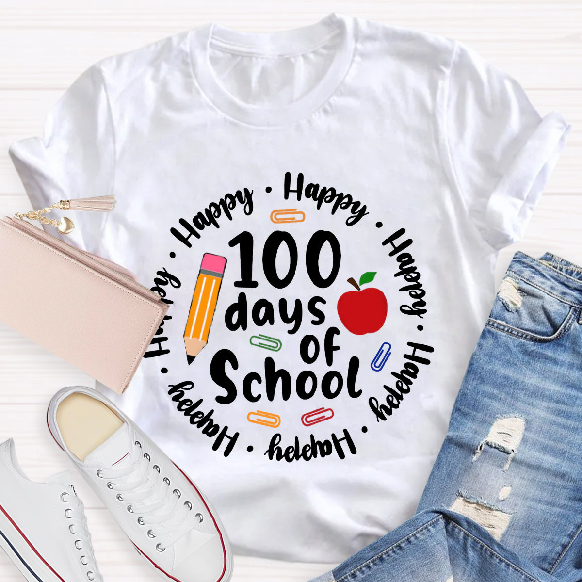 Happy 100 Days Of School Apple Pencil Teacher T-Shirt
