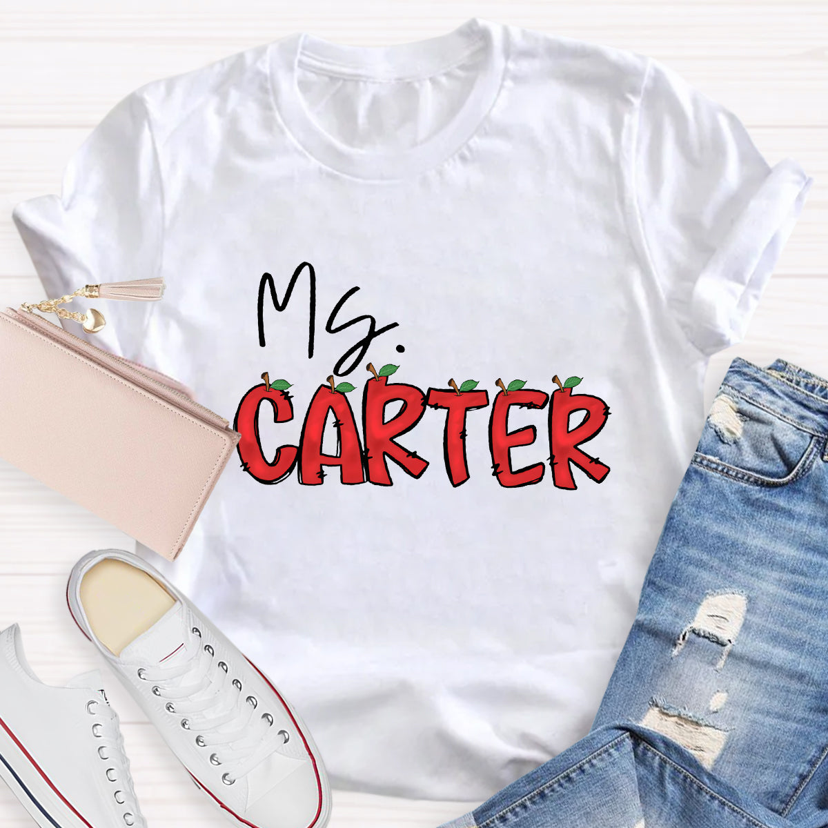 Personalized Teacher's Name Red Apple Letter  T-Shirt