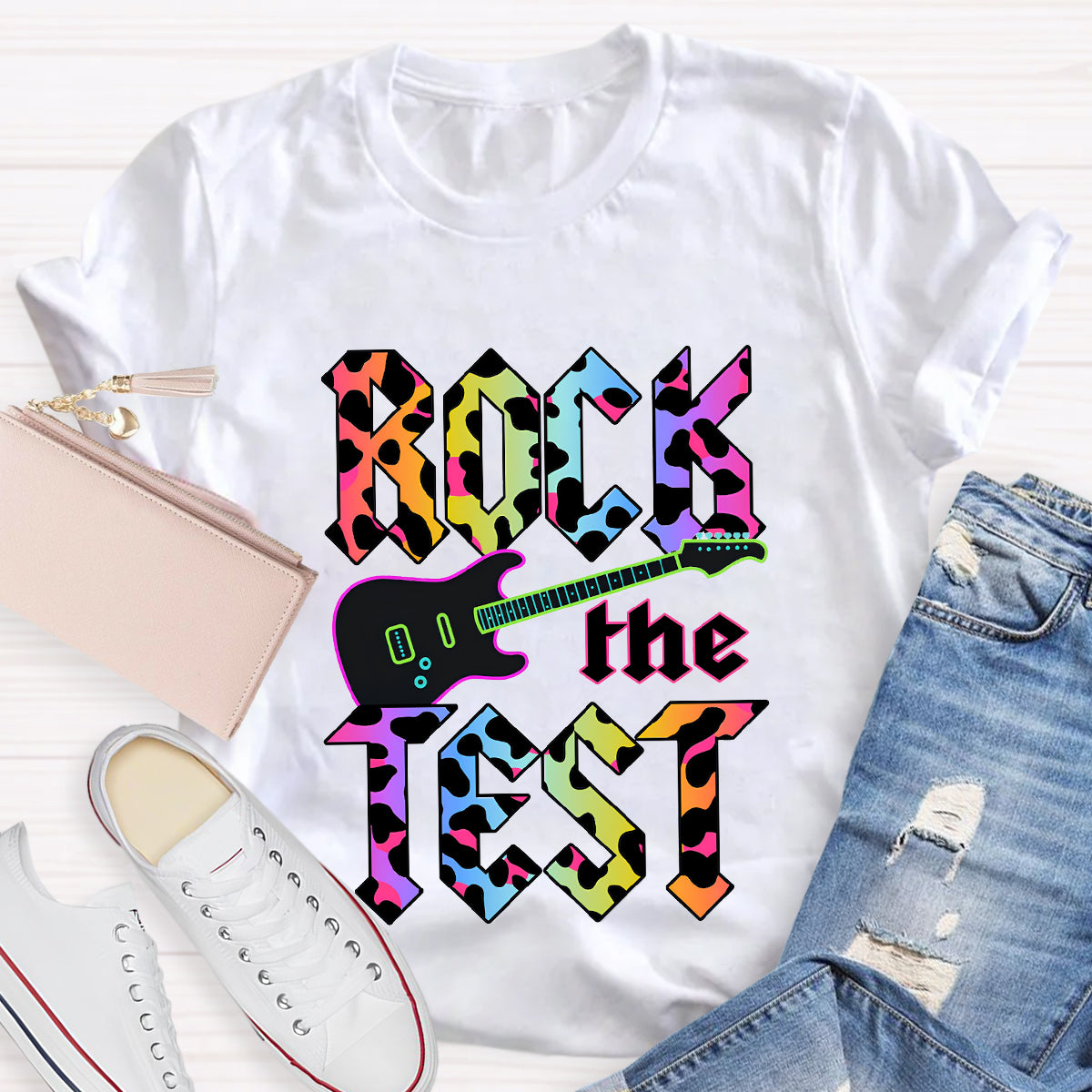 Rock The Test Colorful Leopard Print Teacher T-Shirt