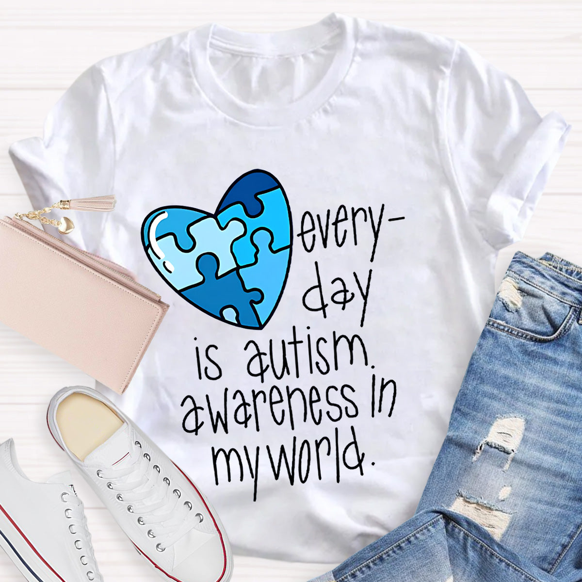 Blue Heart Awareness In My World Teacher T-Shirt