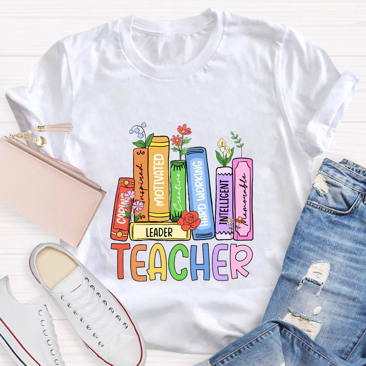 Caring Motivated Floral Books Teacher T-Shirt